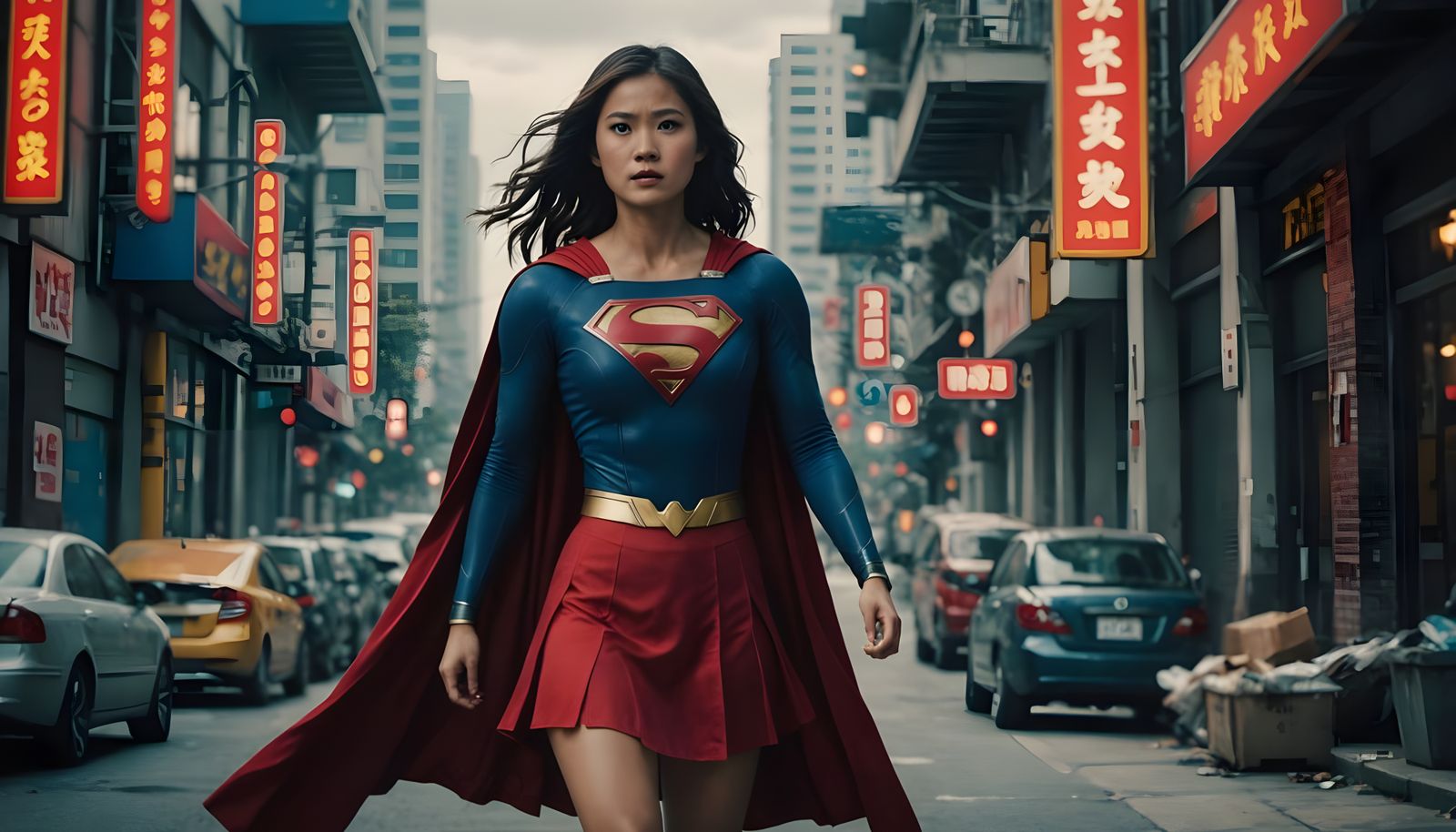 Epic Cinematic Asian Supergirl in Vibrant Red Skirt