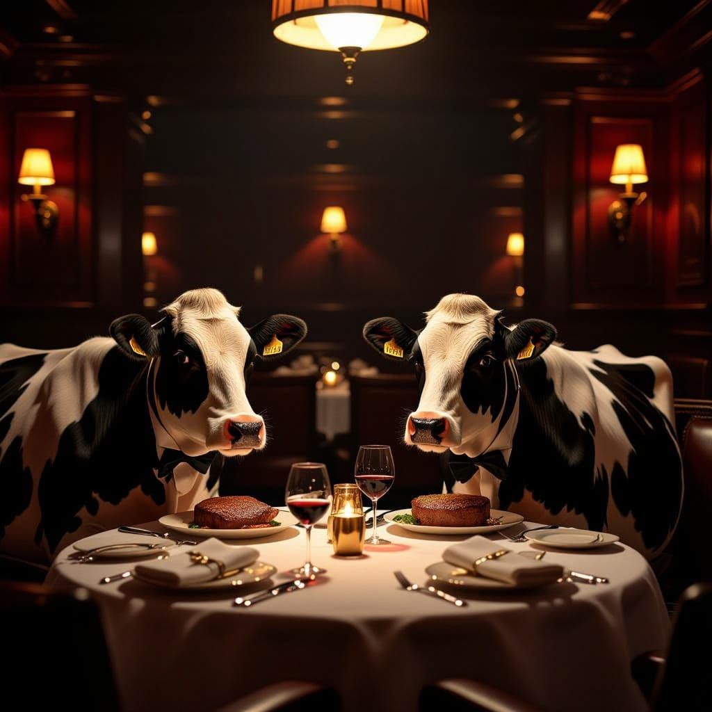 Cows Dine on Steak in Luxurious Steakhouse Setting