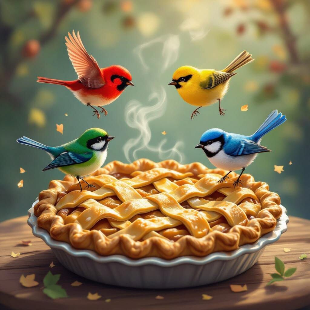 Four Jewel-Toned Birds Circle Apple Pie