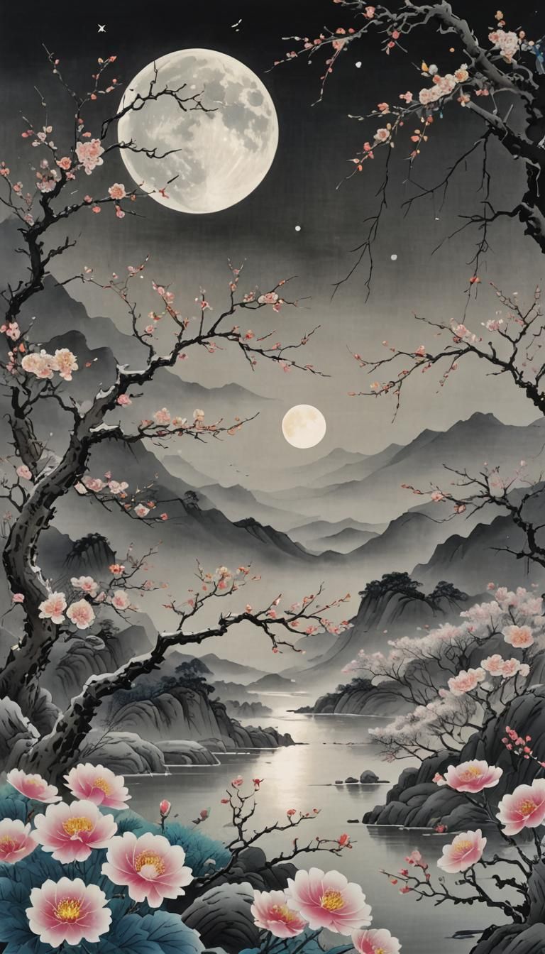 Serene Moonlit Scene in Chinese Ink Painting Style