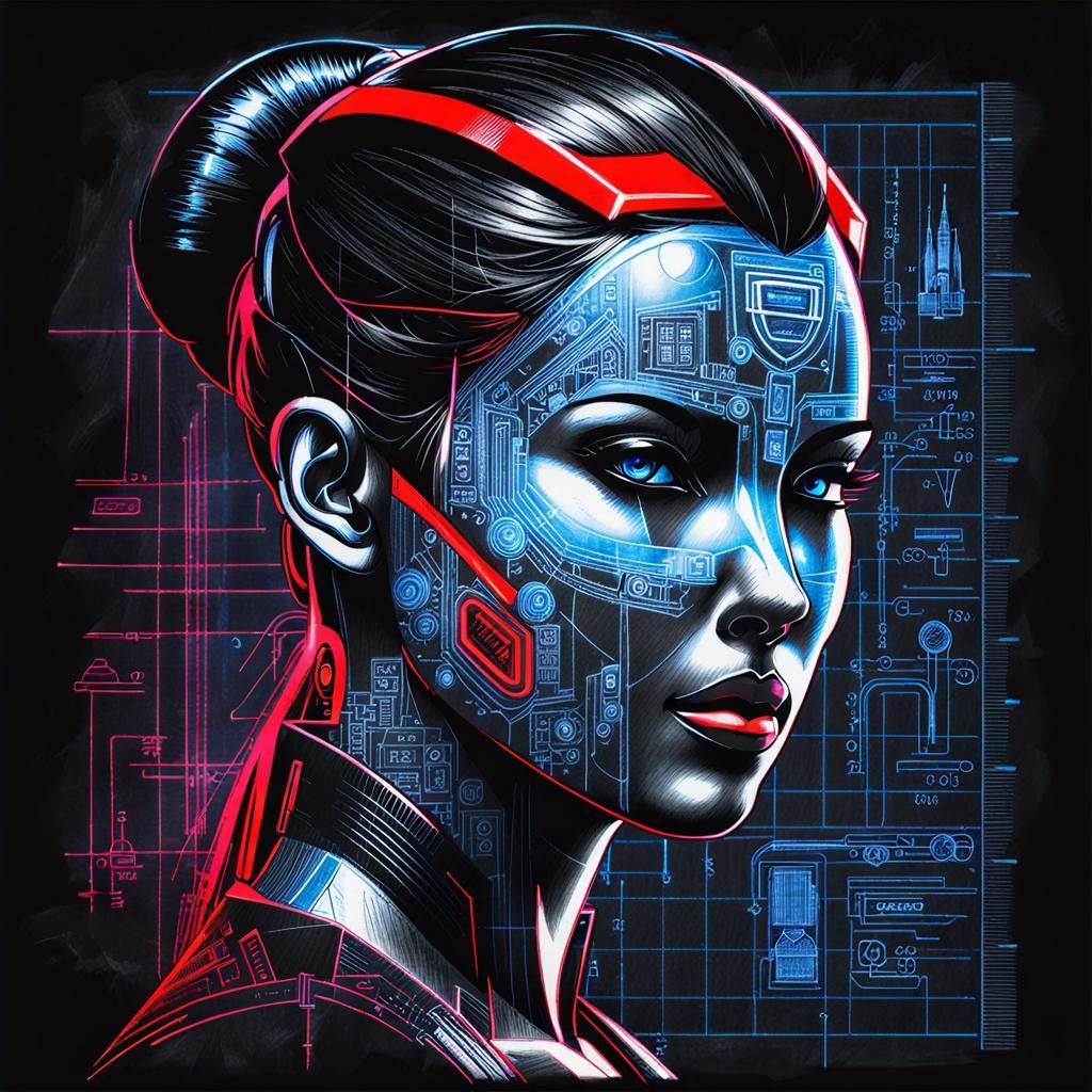 Cyberpunk Blueprint: Distressed Design Sketch of Woman