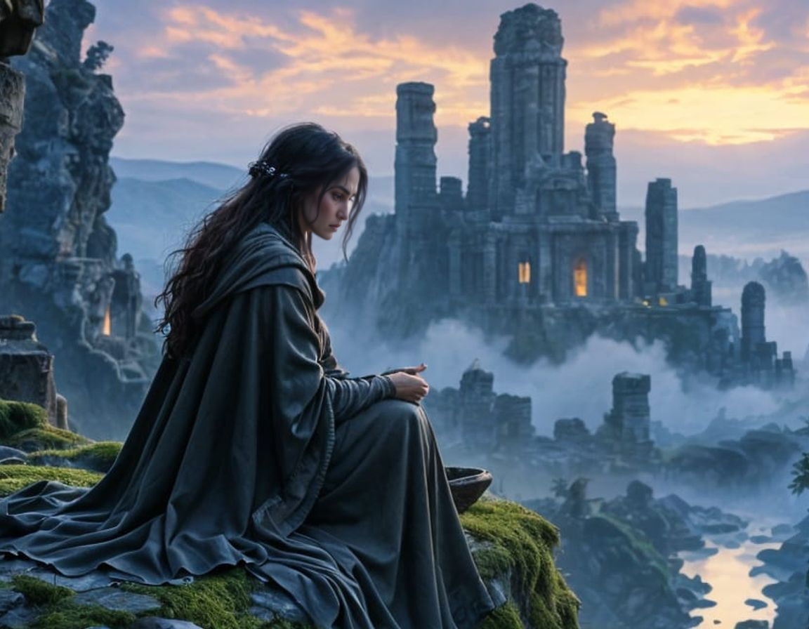 Twilight Woman Overlooking Ruined Kingdom in Painterly Reali...