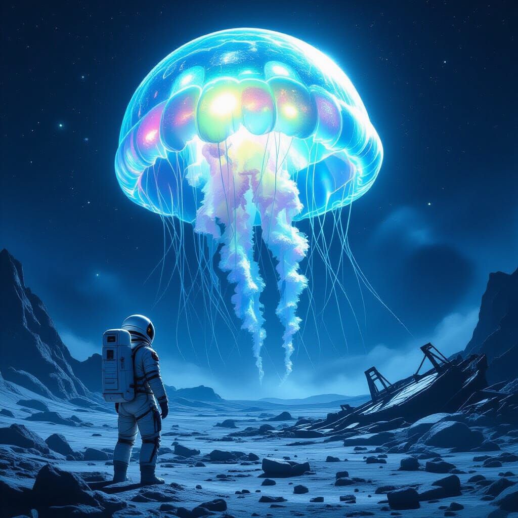 Astronaut and Bioluminescent Jellyfish on Alien Moon