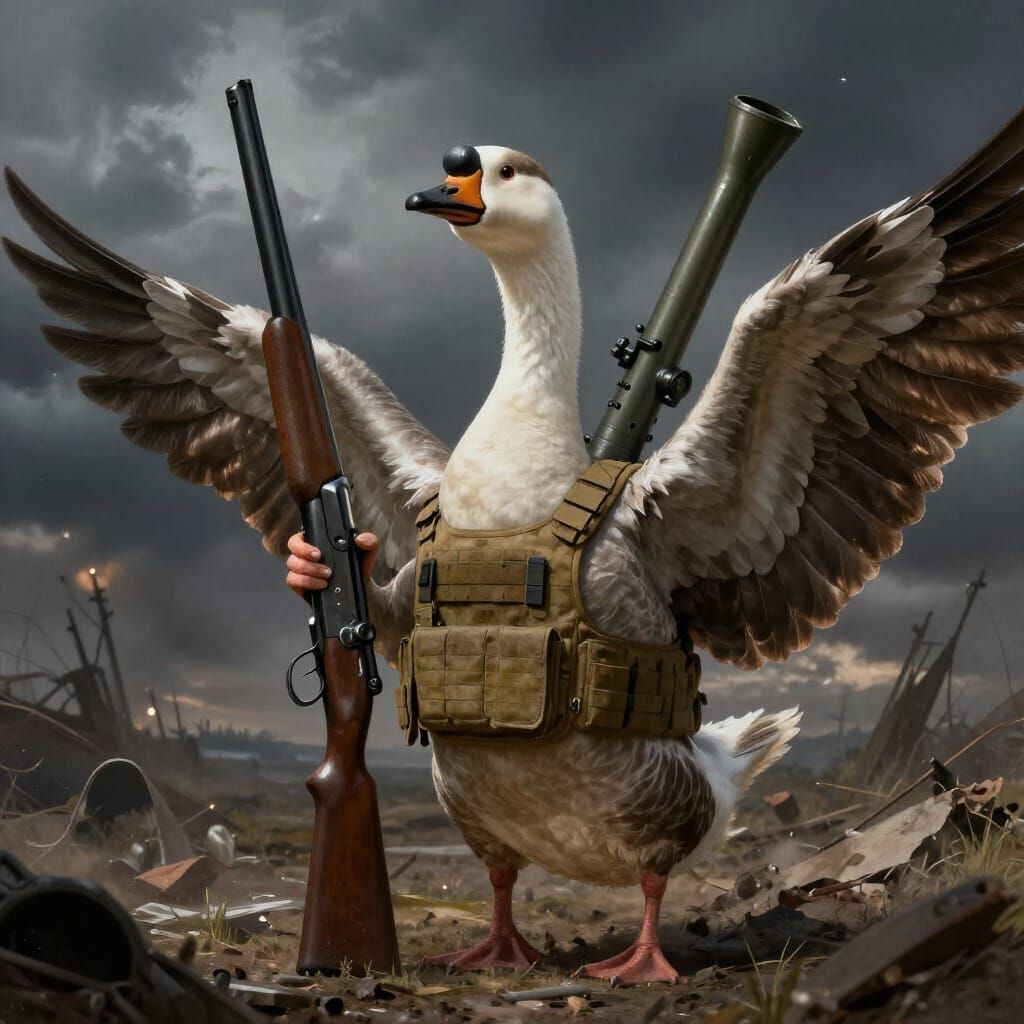 Realistic Goose Soldier with Shotgun and Bazooka