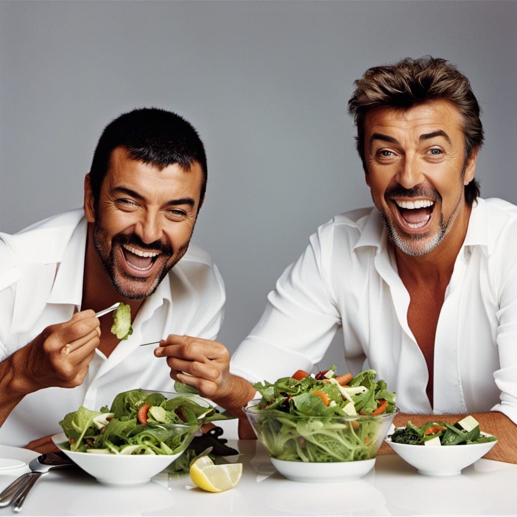 Candid Portrait of Two Men Eating Salad