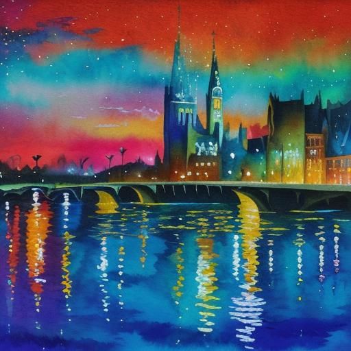 Glittering Night Water Reflections in Gouache Style