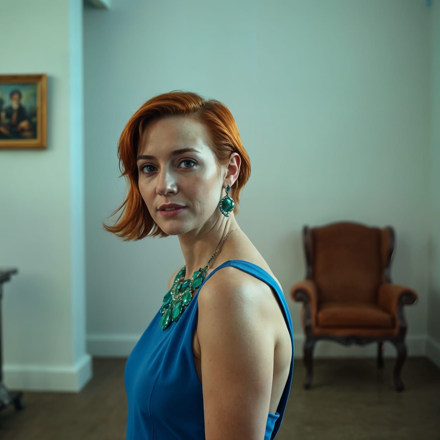 Hyperrealistic Portrait of Woman in Blue Dress