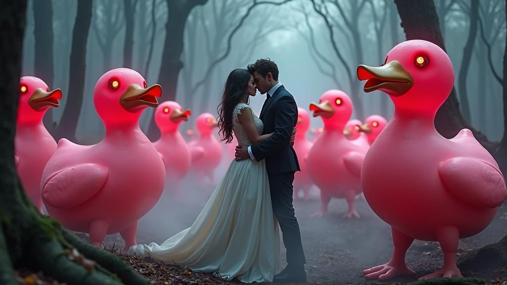 Terrified Couple Surrounded by Giant Rubber Ducks