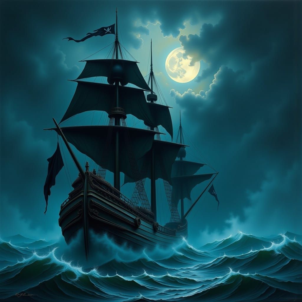 Ethereal Black Pearl Pirate Ship in Swirling Night Fog