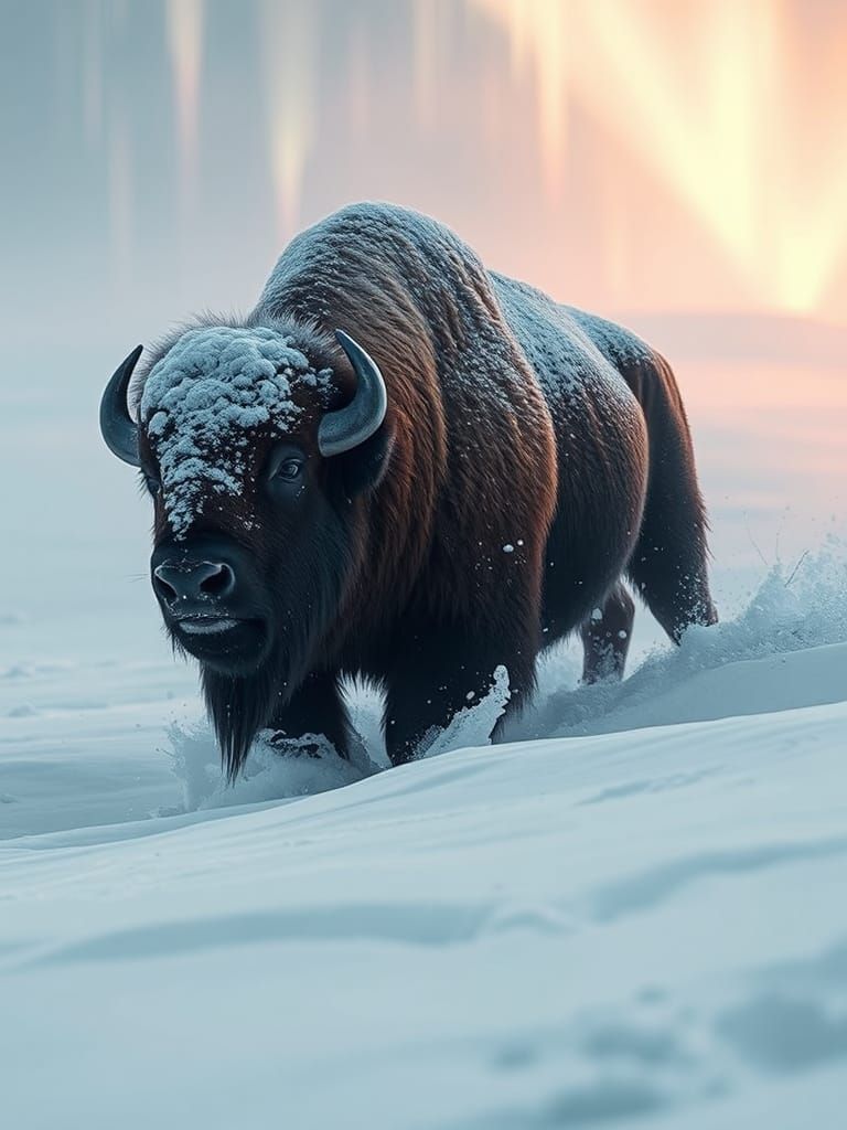 Bison Navigates Frozen Landscape in Futuristic Style