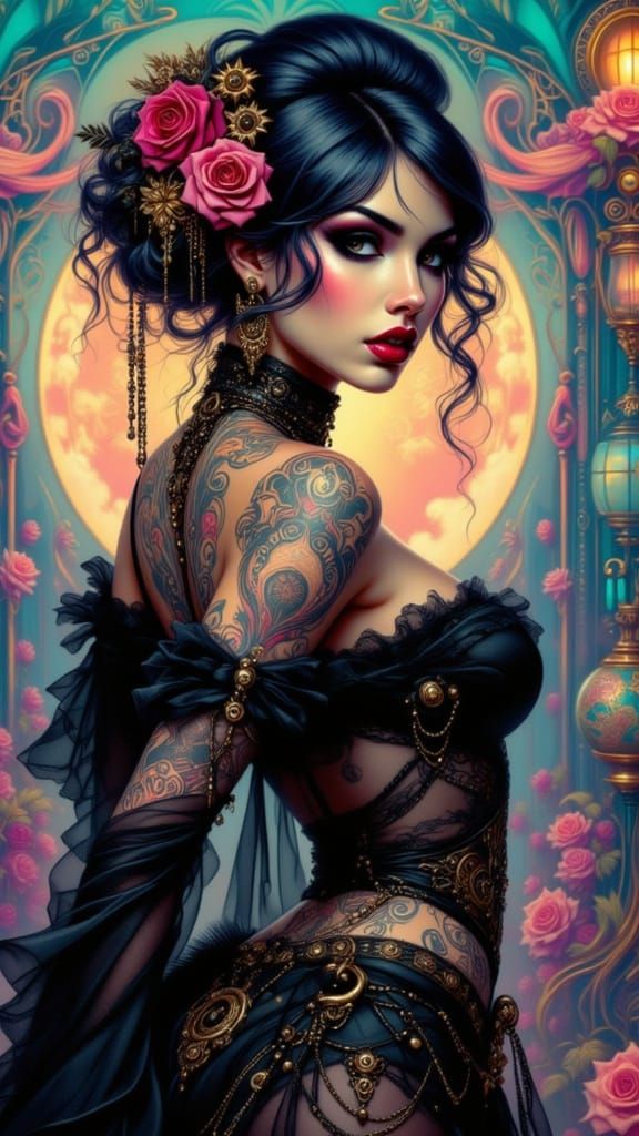 Steampunk Art Nouveau Woman in Metropolis