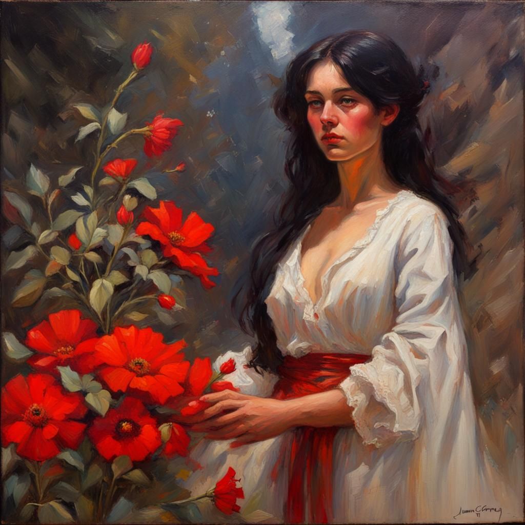 Scarlet Flower Oil Painting in Classical Realism Style