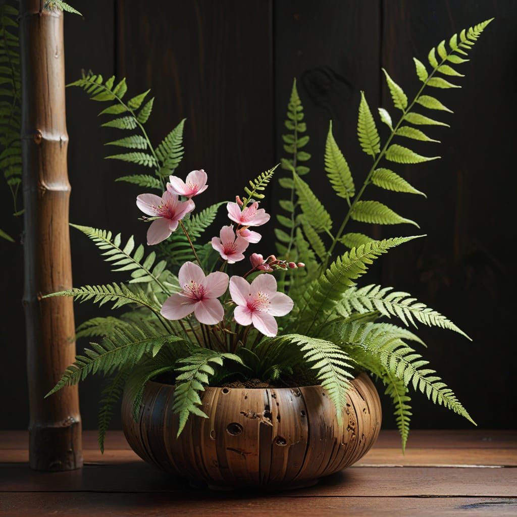 Vibrant 3D Ikebana Arrangement with Cherry Blossoms