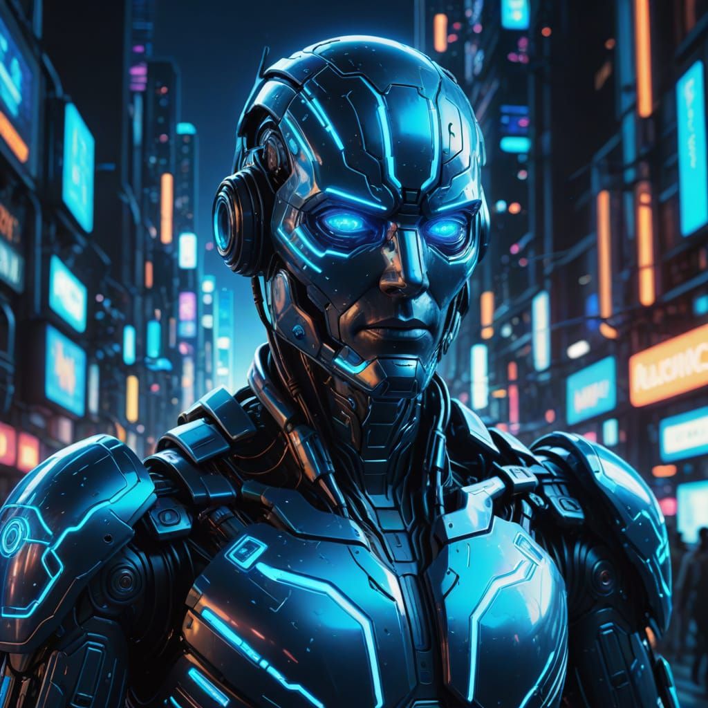 Plasmoid Humanoid in Neon Cityscape