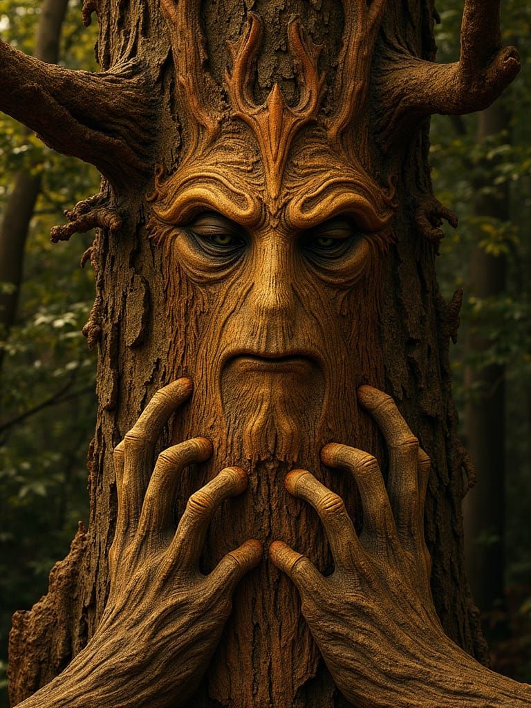 Rübezahl Carving in Ancient Tree with Mystical Forest