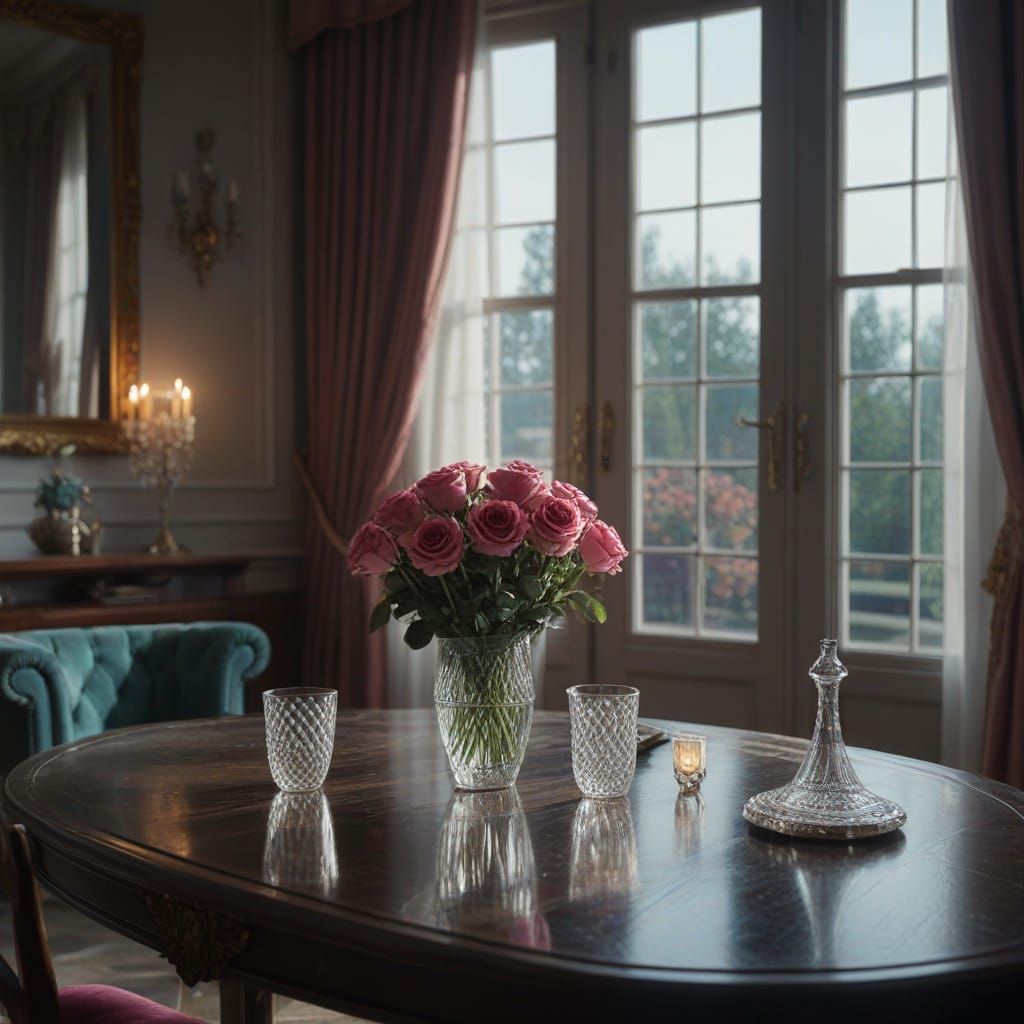 Crystal Rose in Sunlit Living Room - Digital Matte Painting