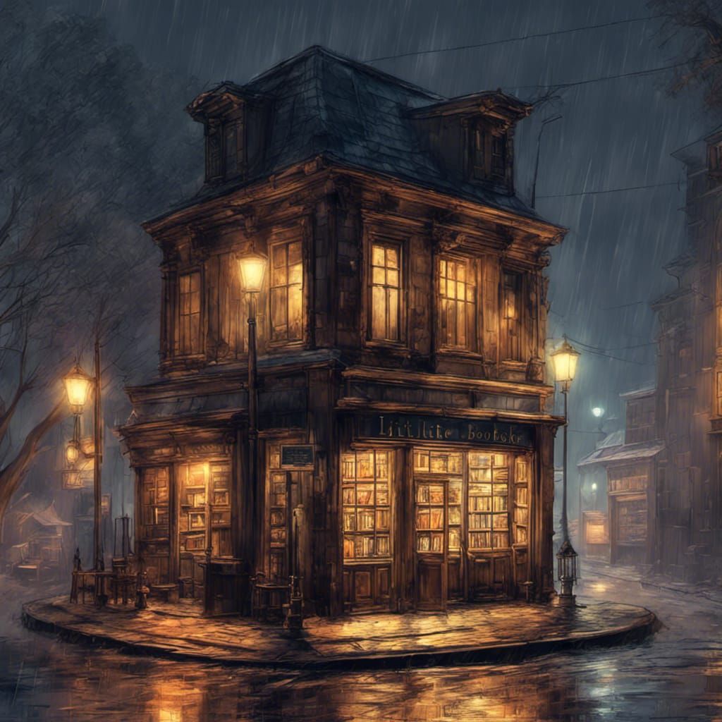 Night Bookshop in Anime Style 3D Digital Sketch