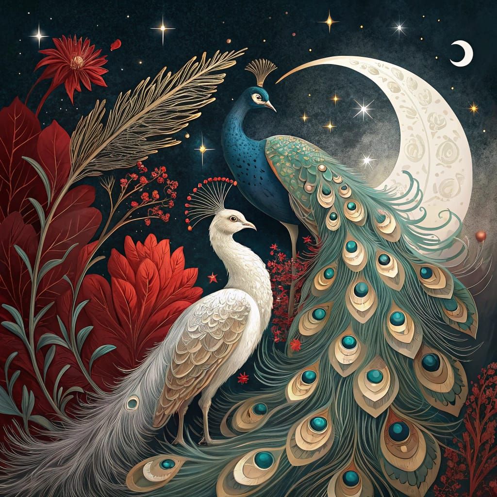 Luxurious Celestial Night Scene with Intricate Peacocks