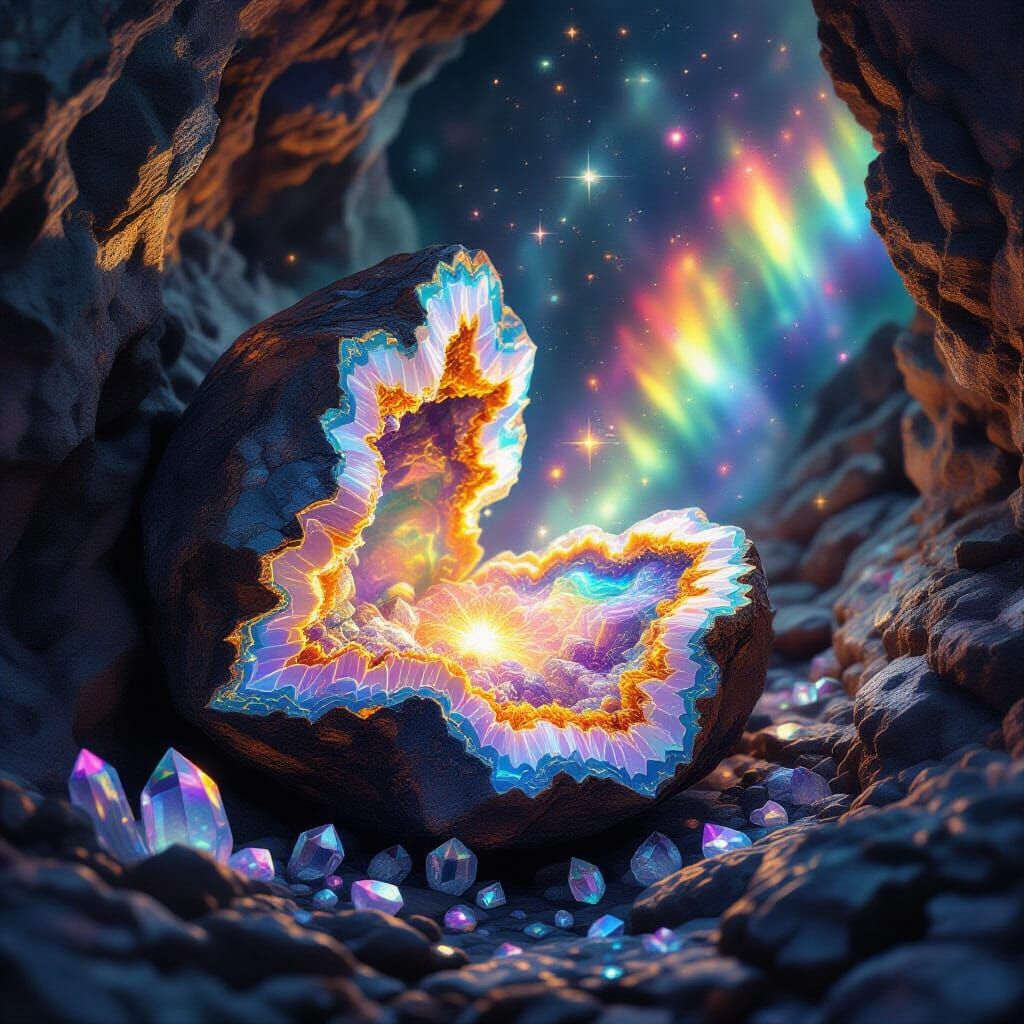 Geode Bursting Open with Opalescent Colors and Crystals