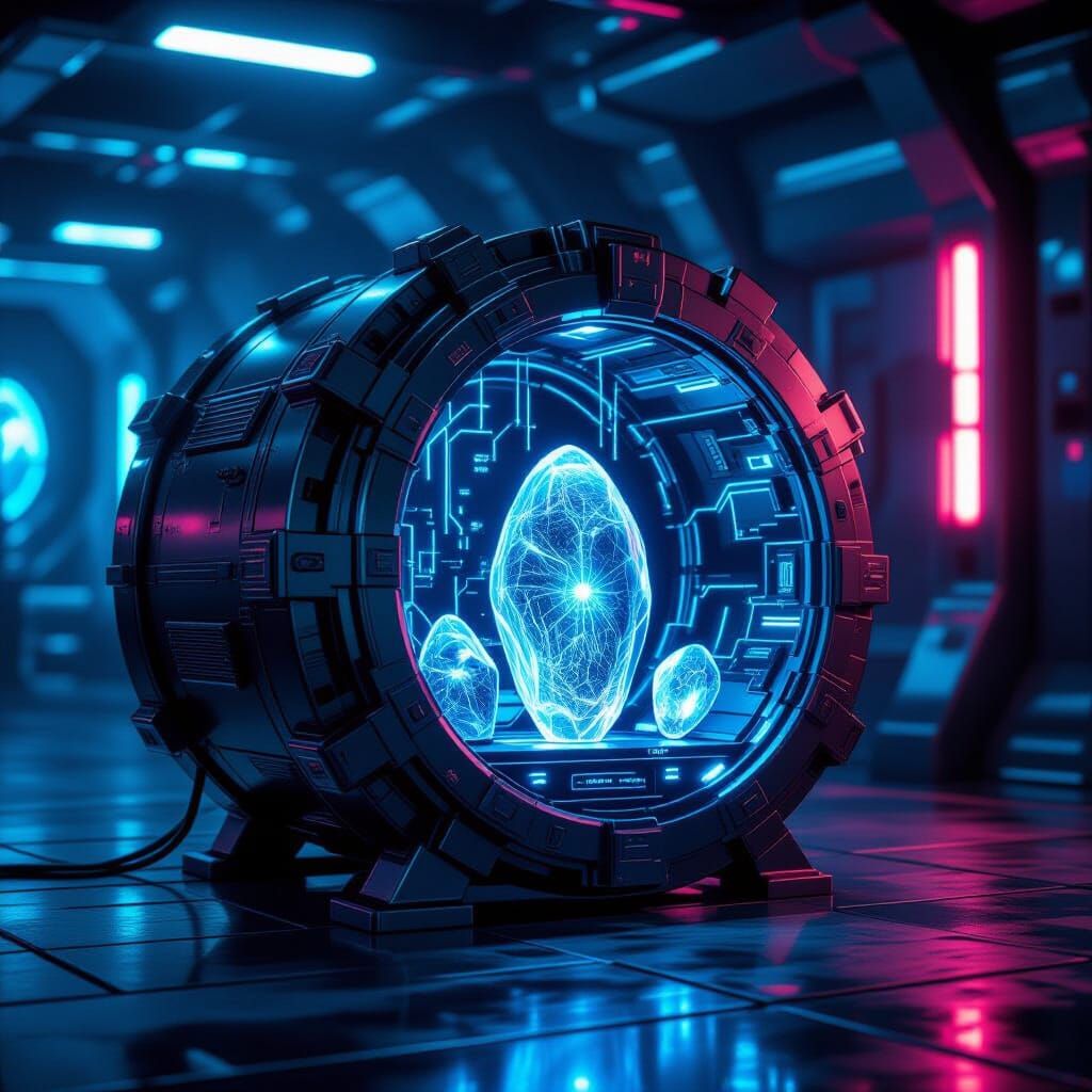 Futuristic Vault Holding Alien Artifacts in Cyberpunk Style