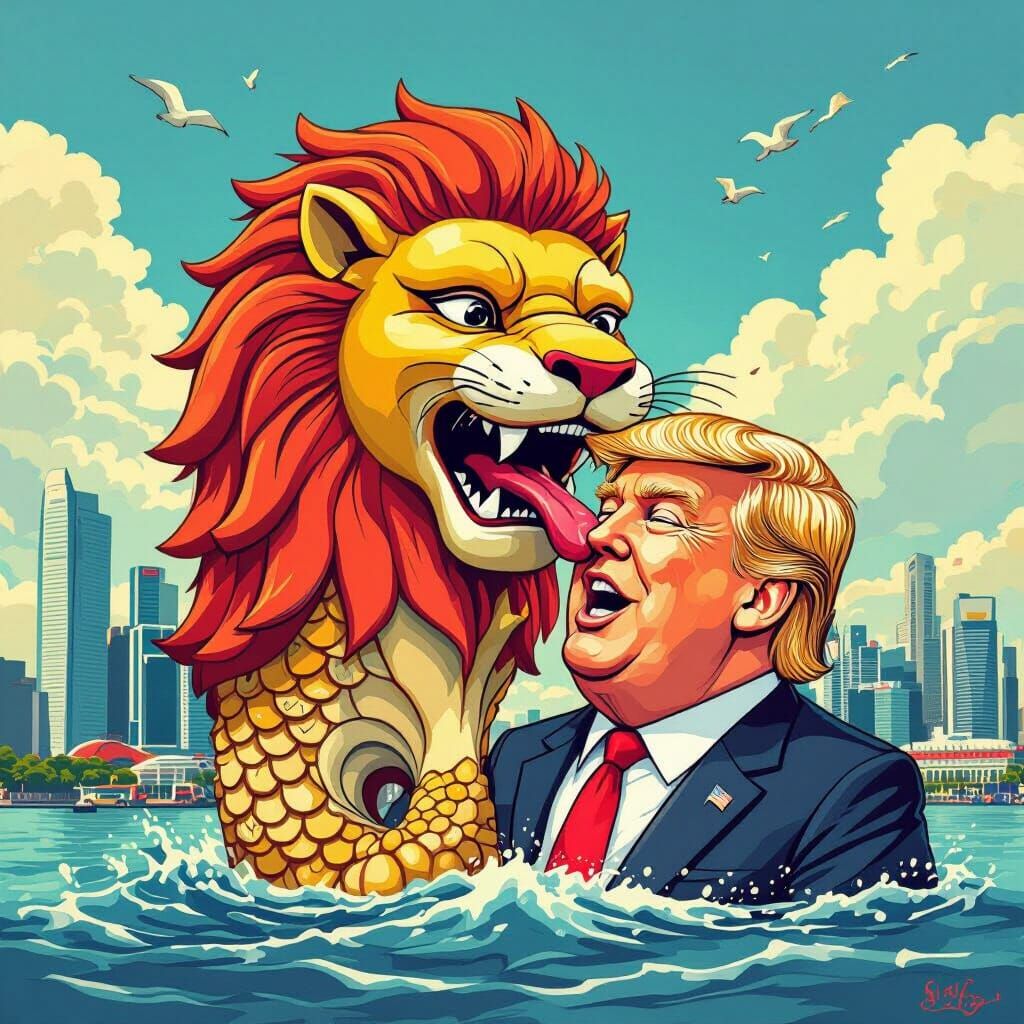 Merlion's Singapore Feast: A Whimsical Illustration