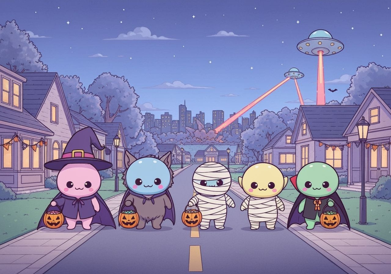 Kawaii Aliens Trick-or-Treating in Pastel Halloween Style