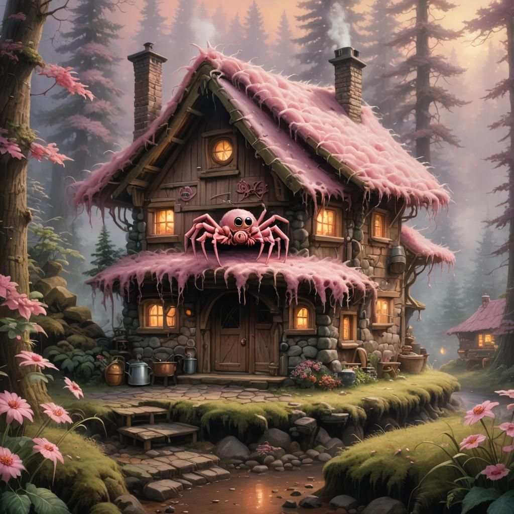 Cute Pink Spider in Forest Hut, Fantasy Art