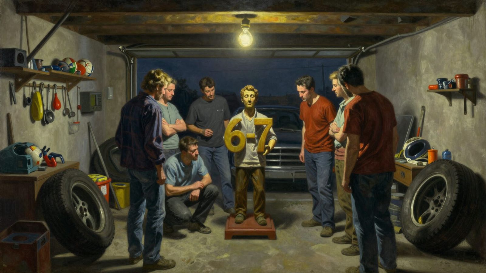 Dads Secretly Worship Strange Idol in Garage Oil Painting