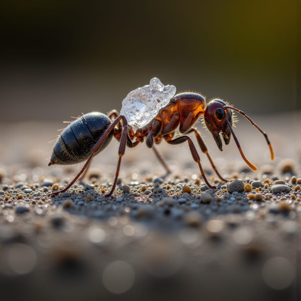 Macro Photo of Ant Carrying Sugar Crystal