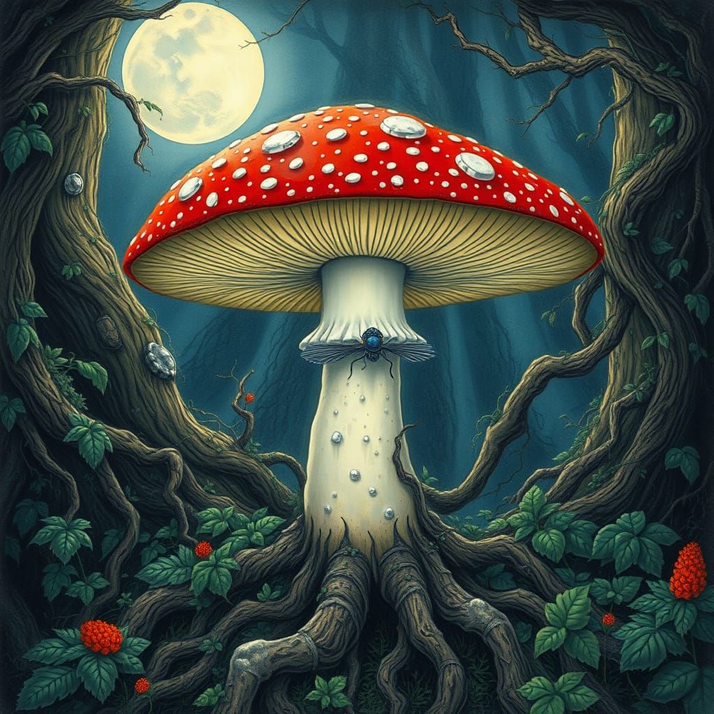 Vibrant Fly Agaric Mushroom in Whimsical Forest Scene