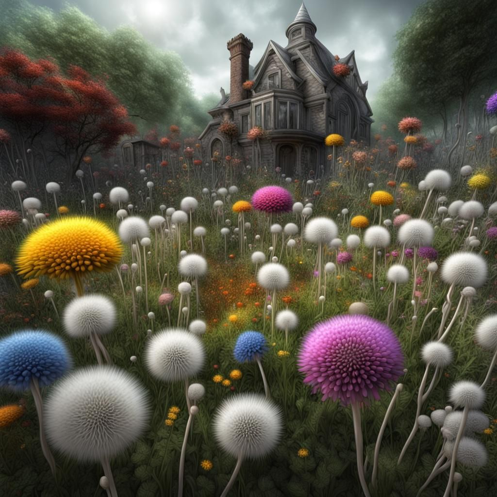 Colorful Dandelion Garden in Spooky Whimsical Style