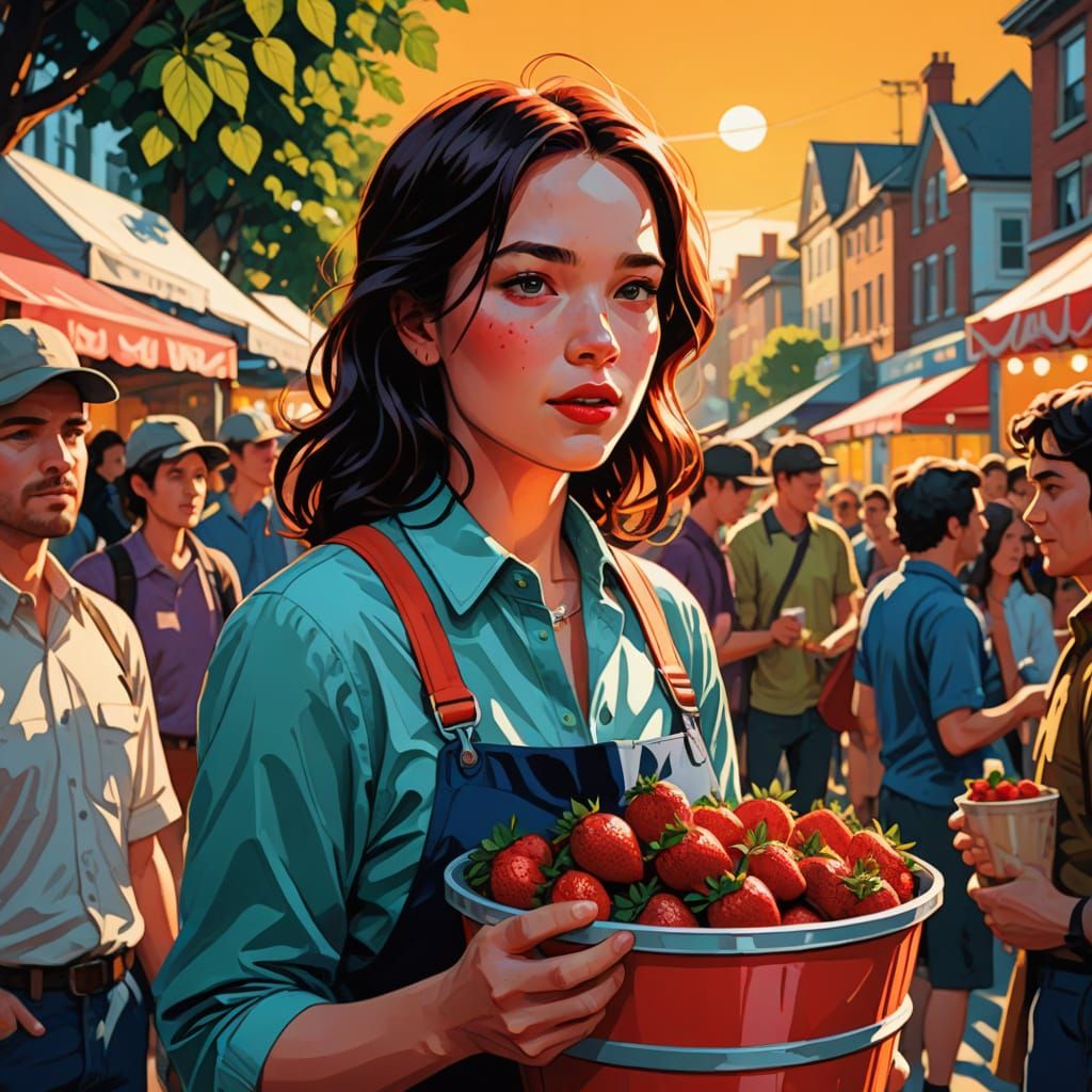 Joyful Strawberry Feast in a Vibrant Comic Book Style