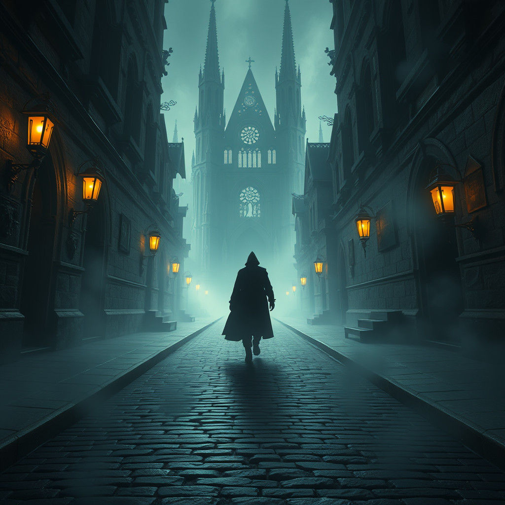 Foggy City Street with Shadowy Figure, as Digital Art