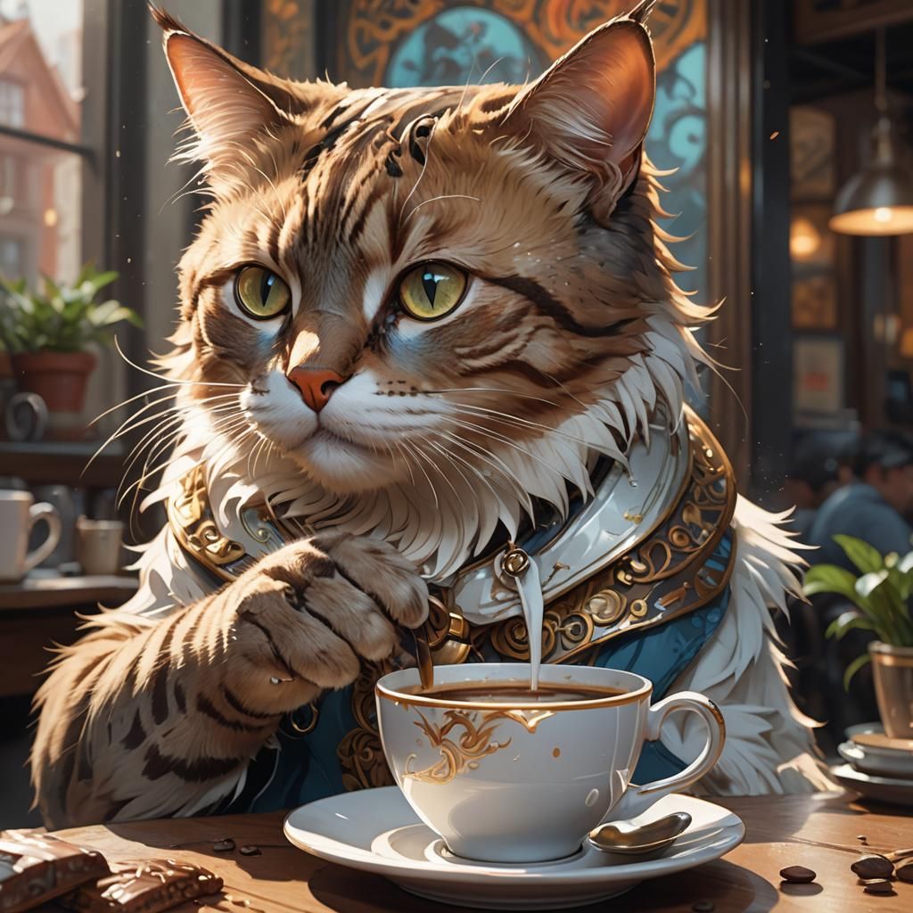 Cat Sipping Coffee: Hyperdetailed Portrait in Art Nouveau St...