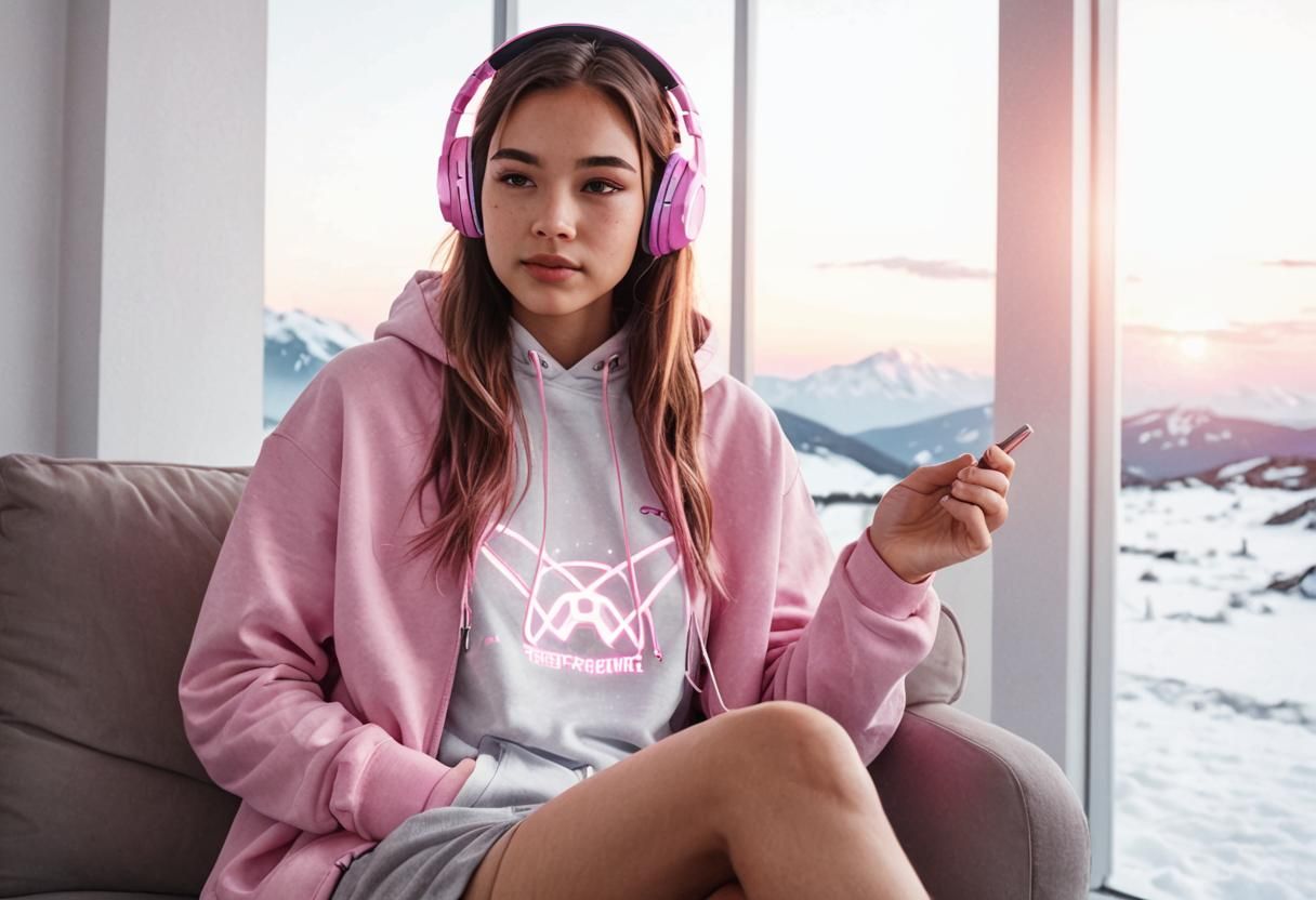 Teenage Girl in Pink Gaming Hoodie at Night