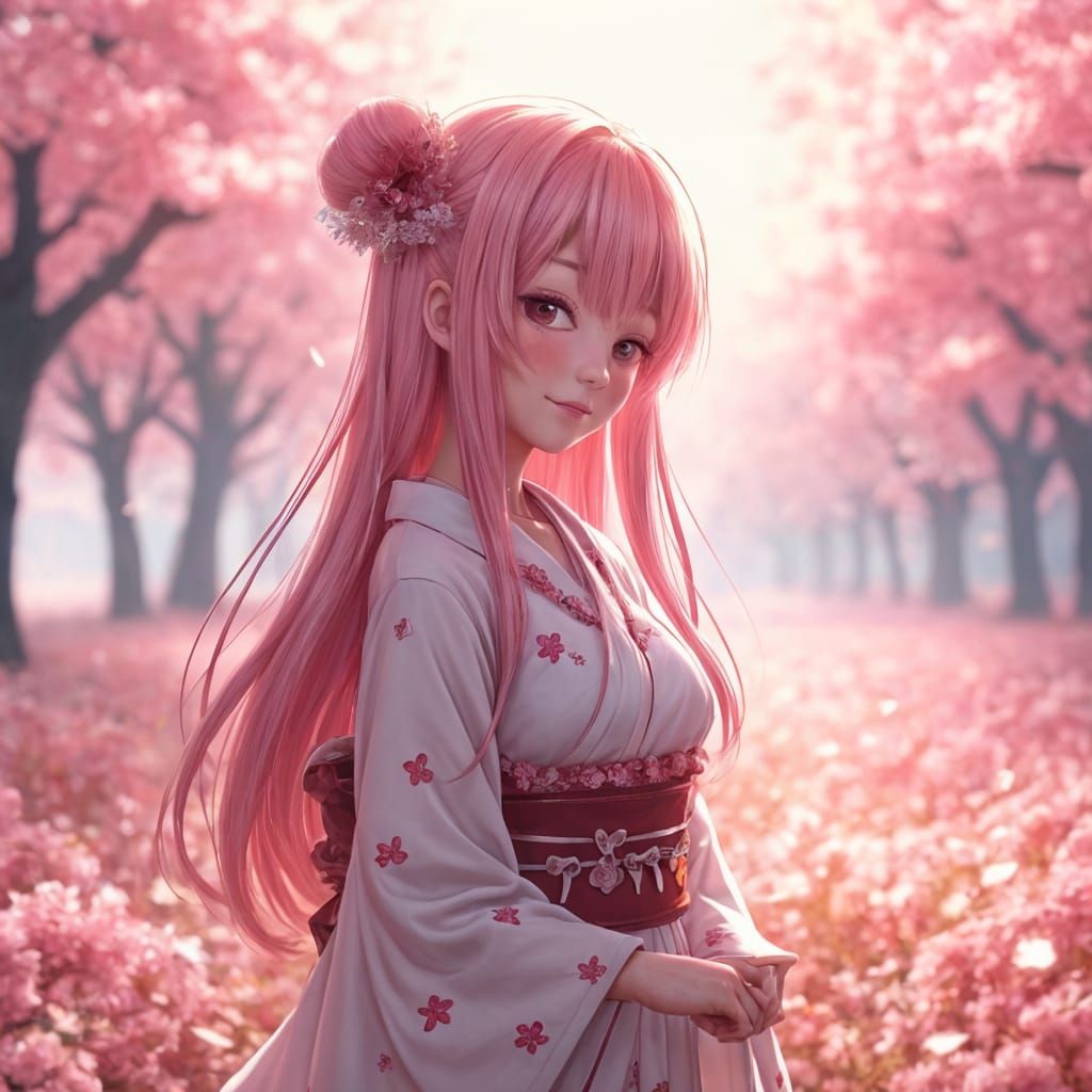 Vibrant Anime Girl in Cherry Blossom Field