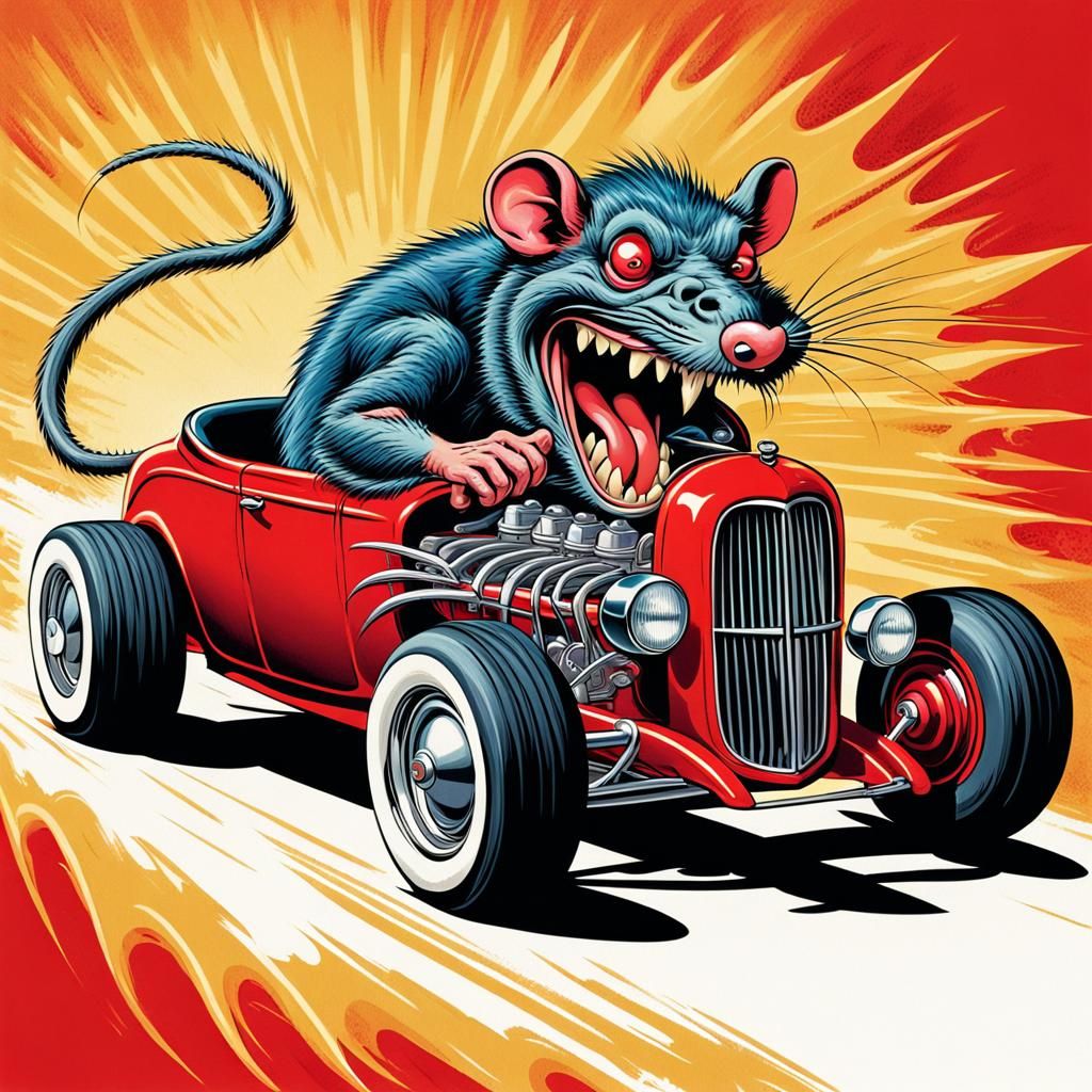 Rat Fink Monster Driving a Hot Rod in Retro Style