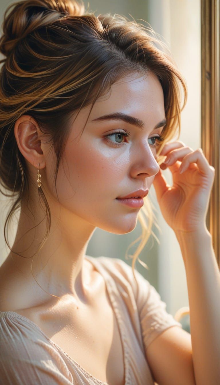 Soft Watercolor Portrait of a Young Woman in Quiet Contempla...