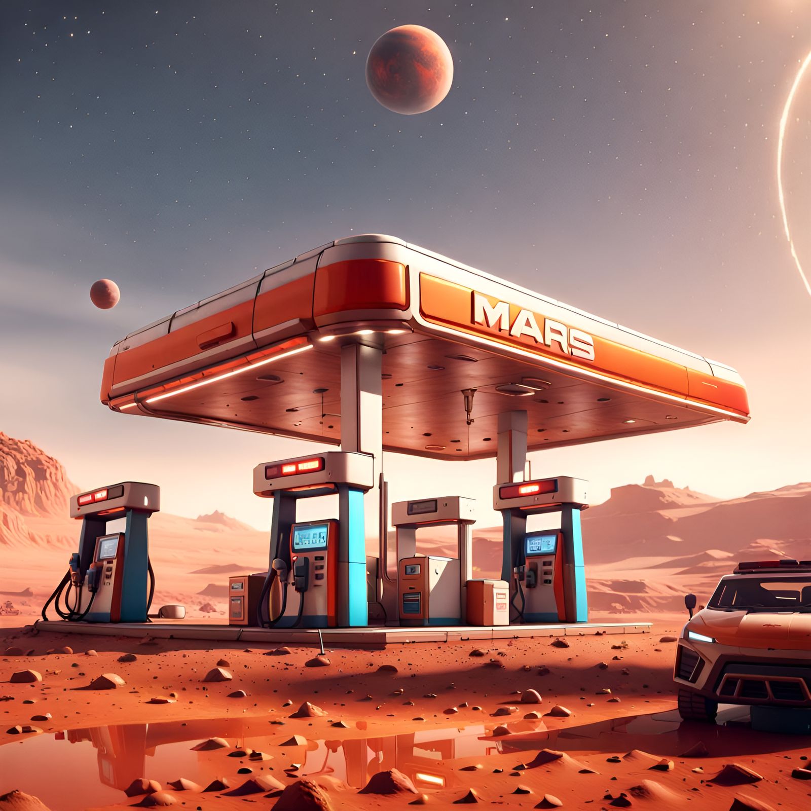 Hyperrealistic Gas Station on Mars: Cinematic Concept Art