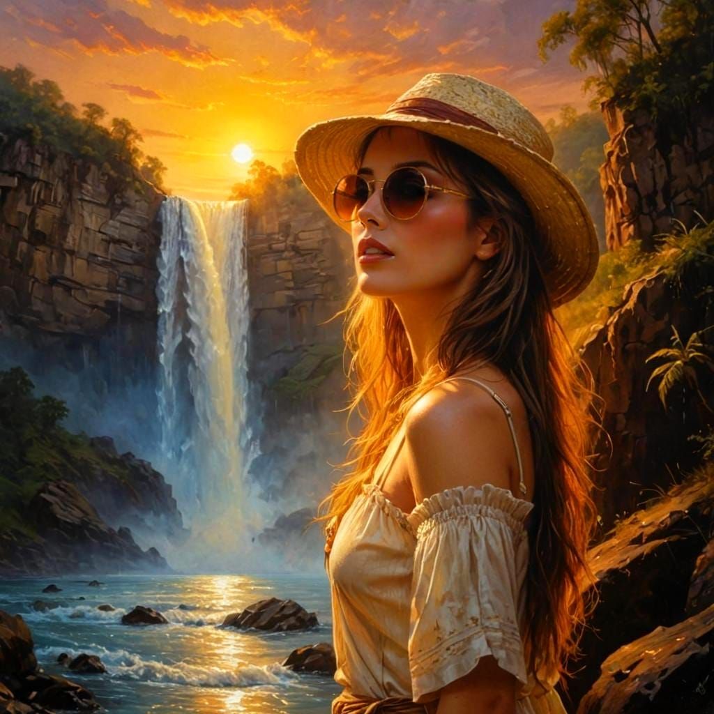Woman at Majestic Waterfall in Golden Hour Synthwave Style
