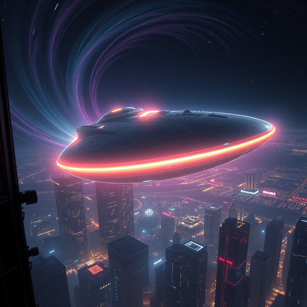 Otherworldly Spaceship Soaring Above Metropolis at Night
