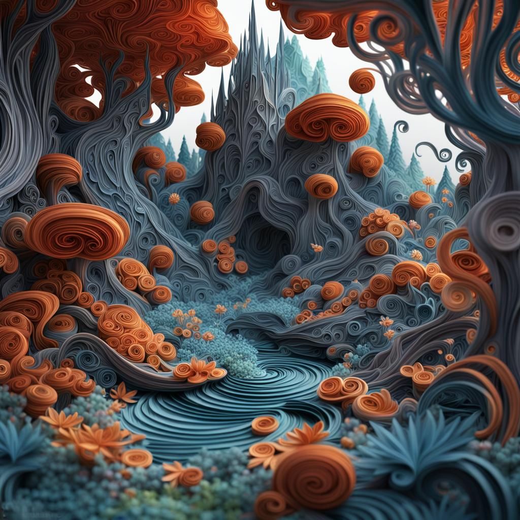 Surreal Quilled Forest: Detailed Matte Painting