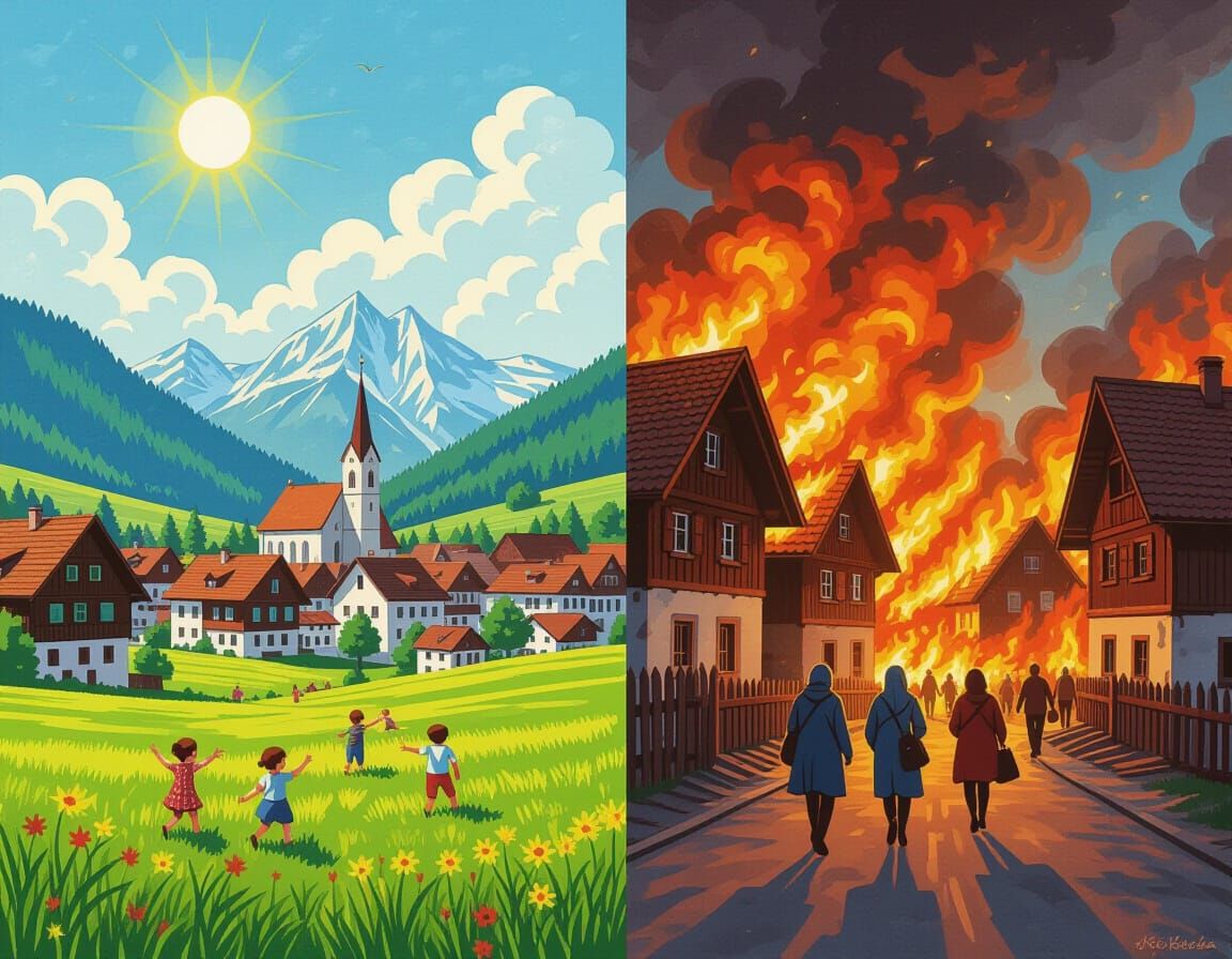 Bavarian Village: Peace and Destruction in Gouache