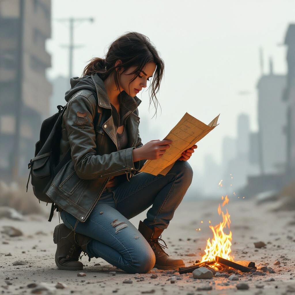 Woman Escaping Desolate Cityscape in Gritty Style