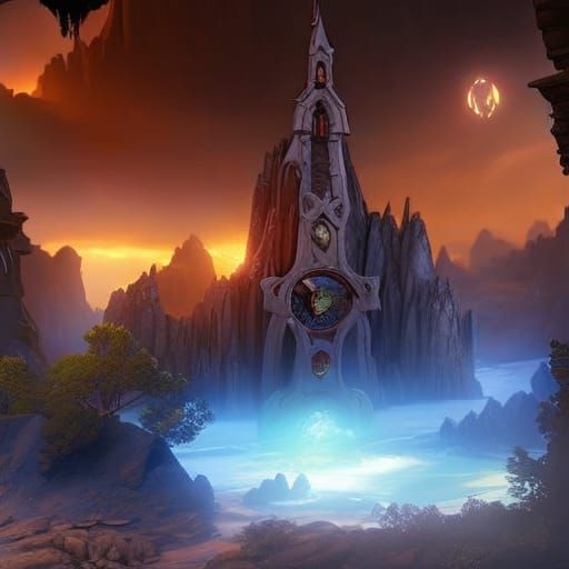 Stone Clock in Fantasy Forest, Dreamy Digital Art