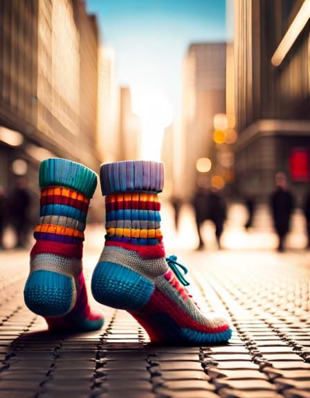 Knitted Socks Run Through City Street: Photography
