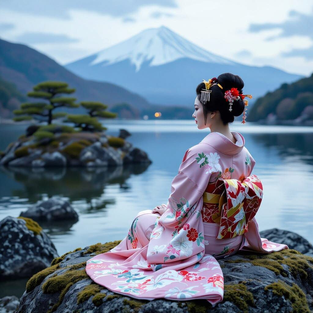 Serene Japanese Woman by Moonlit Lake