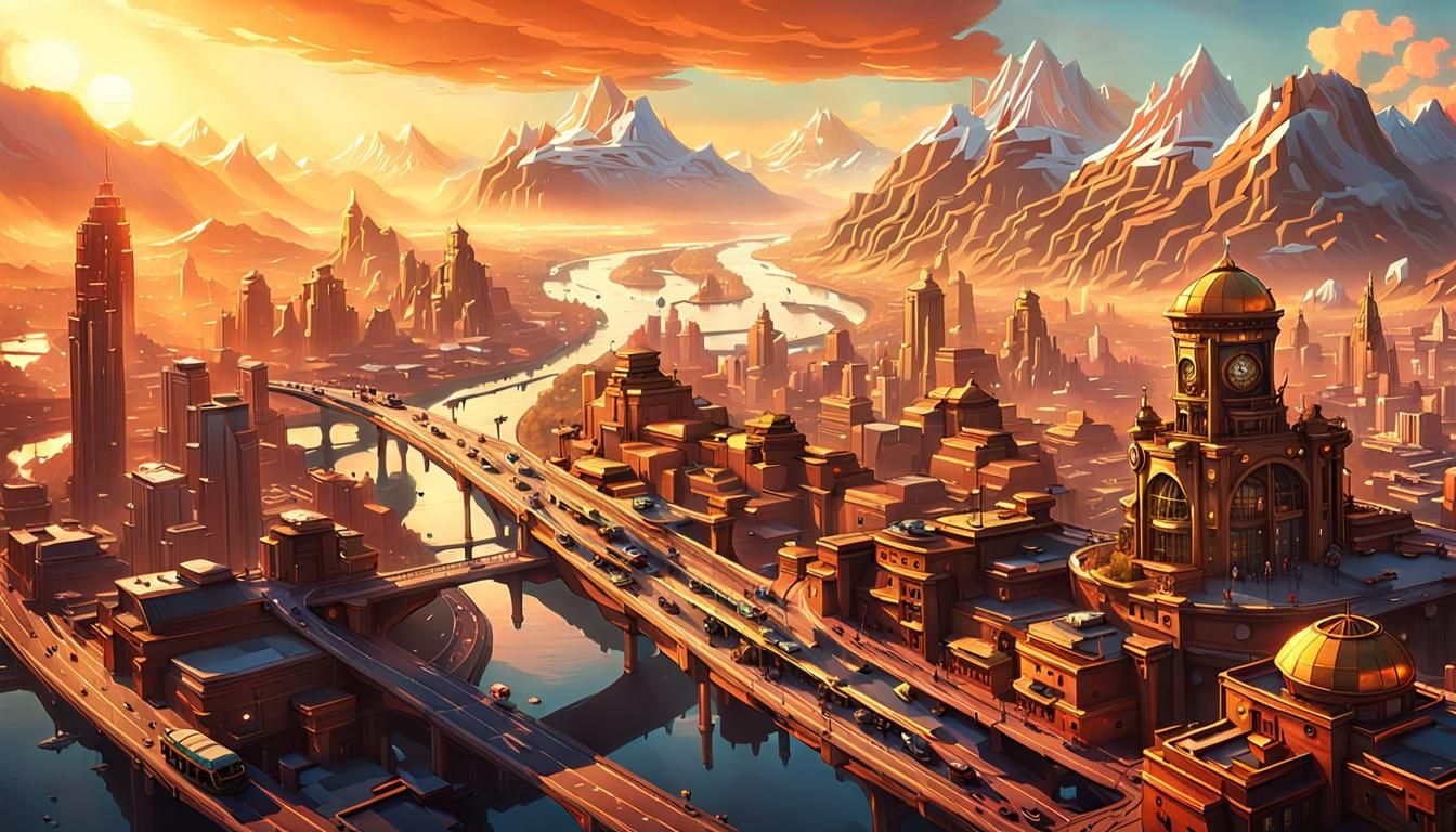 Steampunk Cityscape with Floating Traffic: Anime Art