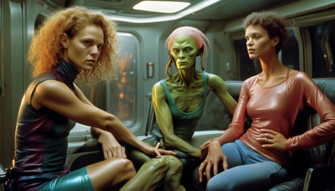 Smiling Aliens Party: Hyperrealistic Matte Painting