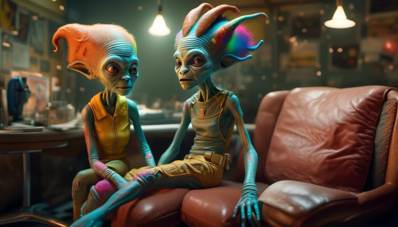 Smiling Aliens Party with Pets in Hyperrealism